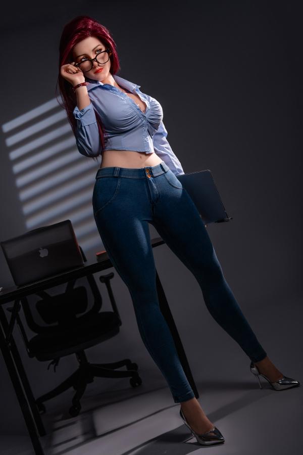 Full-body view of Bubbly 169cm hybrid sex doll standing in a denim shirt, jeans and glasses