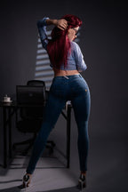 Bubbly hybrid sex doll from behind in tight jeans, highlighting her big butt
