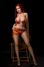 Scarlett 169cm curvy D-cup fat butt hybrid sex doll standing in a colourful bikini top and sarong by a deck chair